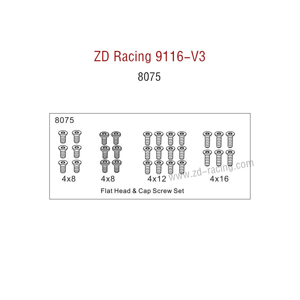 ZD Racing 9116-V3 Parts Monster Truck Parts Flat Head and Cap Screw Set 8075