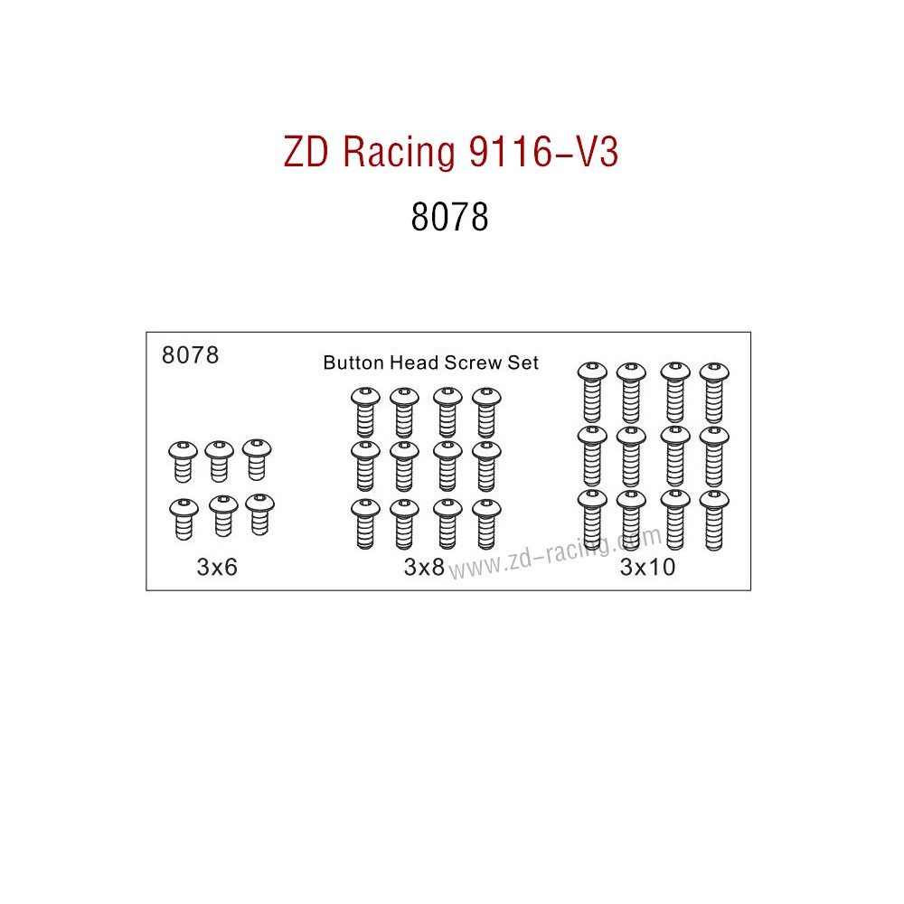 ZD Racing 9116-V3 Parts Monster Truck Parts Button Head Screw Set 8078