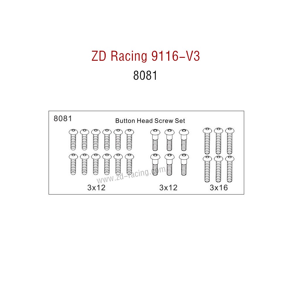 ZD Racing 9116-V3 Parts Monster Truck Parts Button Head Screw Set 8081