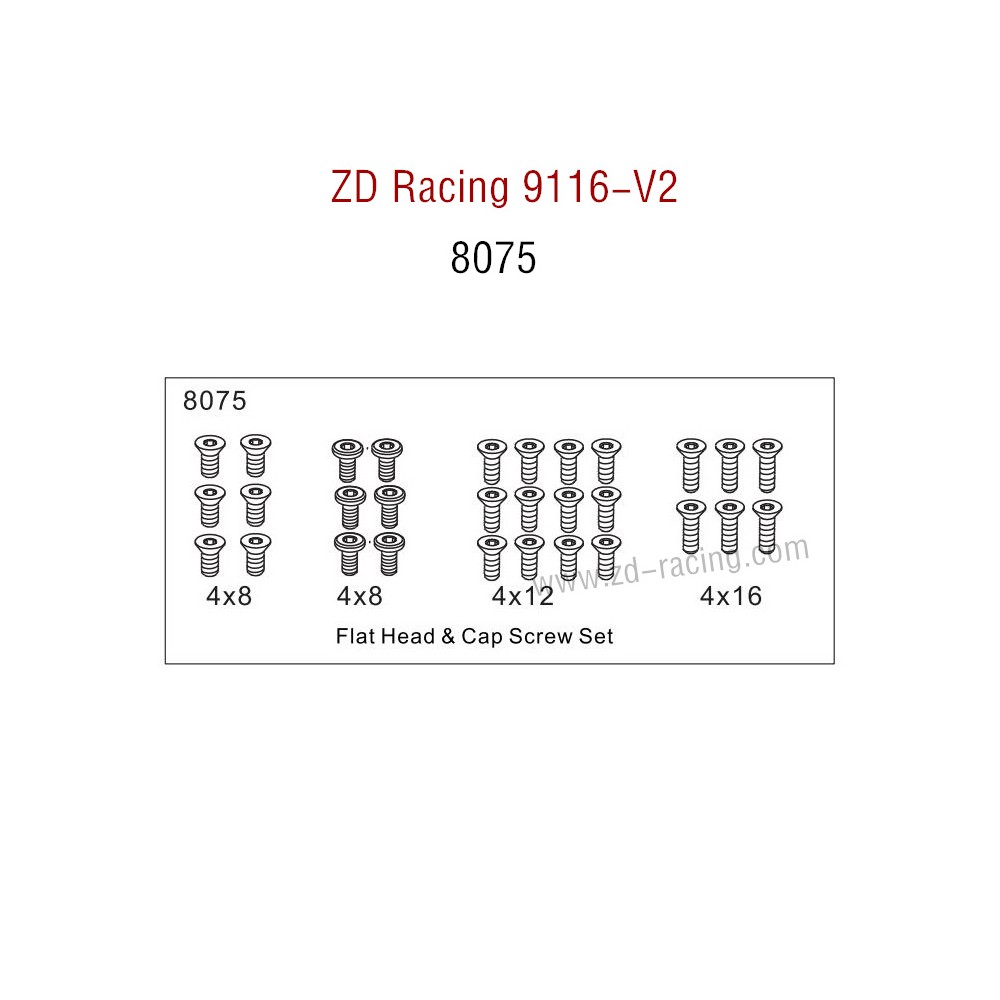 ZD Racing 9116-V2 Parts Flat Head and Cap Screw Set 8075