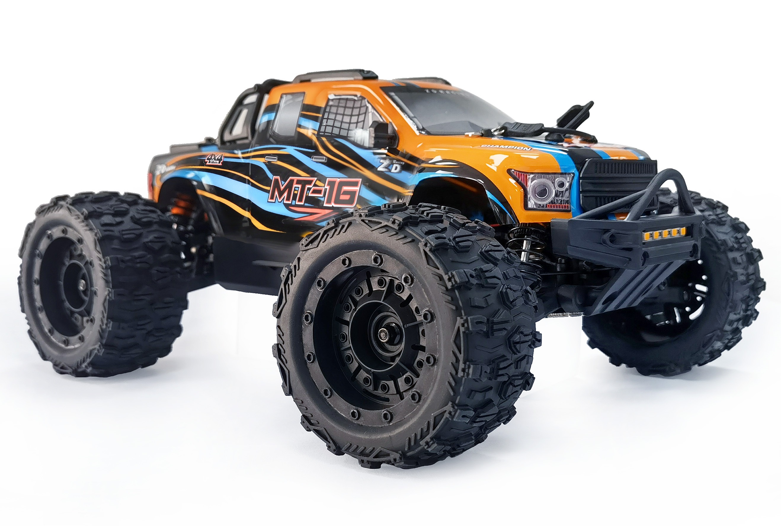 Product name: ZD Racing MT16 RC Racing Car  Product ratio: 1:16  Color: Orange, black  Drive: 4WD(four-wheel drive)  Size: 320*229*140mm  Wheel base: 195MM  Chassis height: 50MM  Speed: 80km/h  Reduction Ratio: 9.8:1